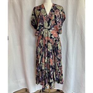 Vintage Rayon Floral Fit Flair Michelle 1980 With Pockets 80s Pearl Buttons L/XL